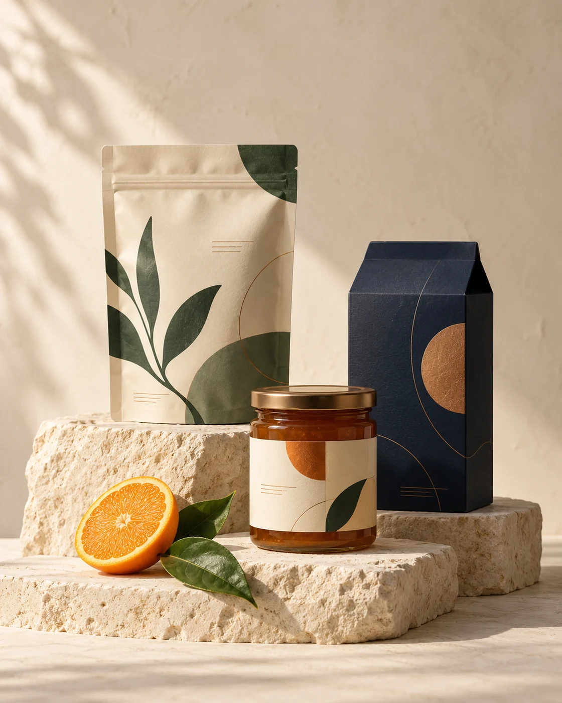 Conceptual food packaging in cream, botanical green and navy, arranged with citrus on sculptural stone plinths